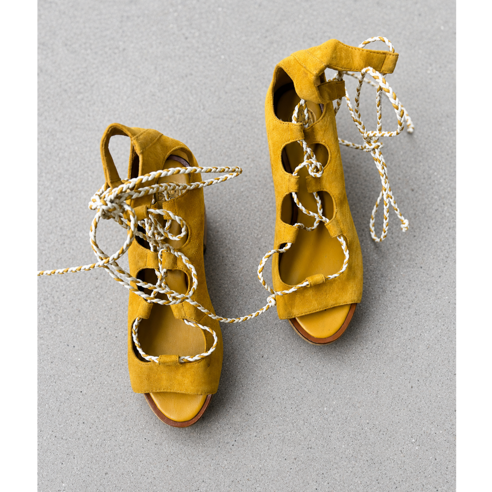 Tory Burch Mustard Suede Lace-Up Platform Block Heel Sandals | Size 8 in Yellow - Picture 1 of 5